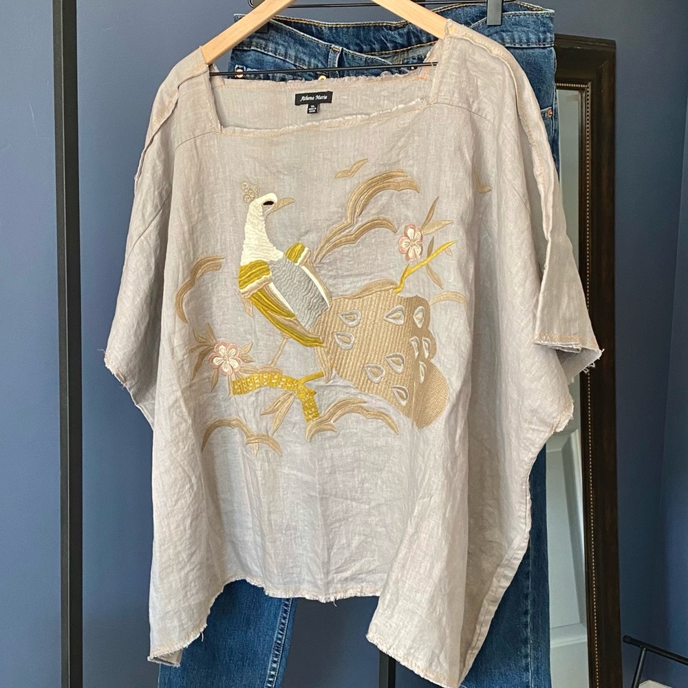 Embroidered Beige Top with Bird Design